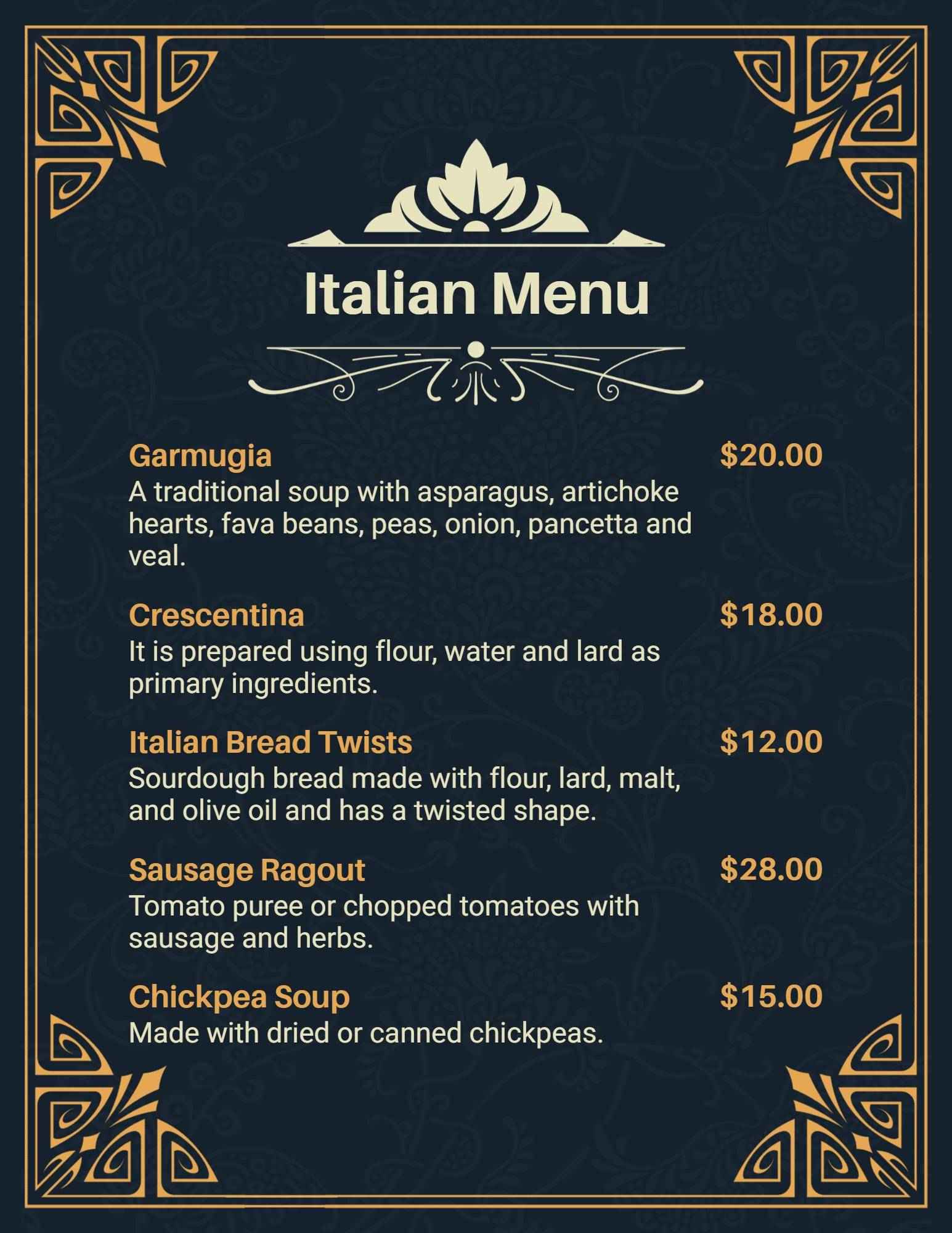 Classic Italian Soups and Artisan Bread Fancy Menu Template