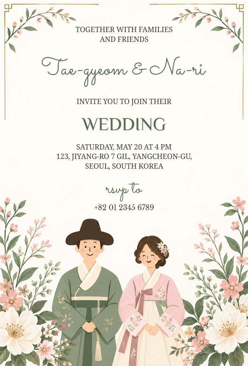 Classic Korean Wedding with Floral Accent Invitation Template