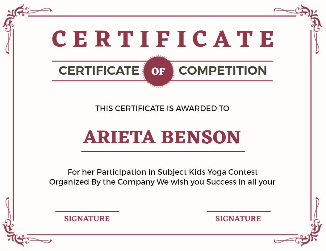 Classic Maroon Elegant Kids Yoga Competition Certificate Template