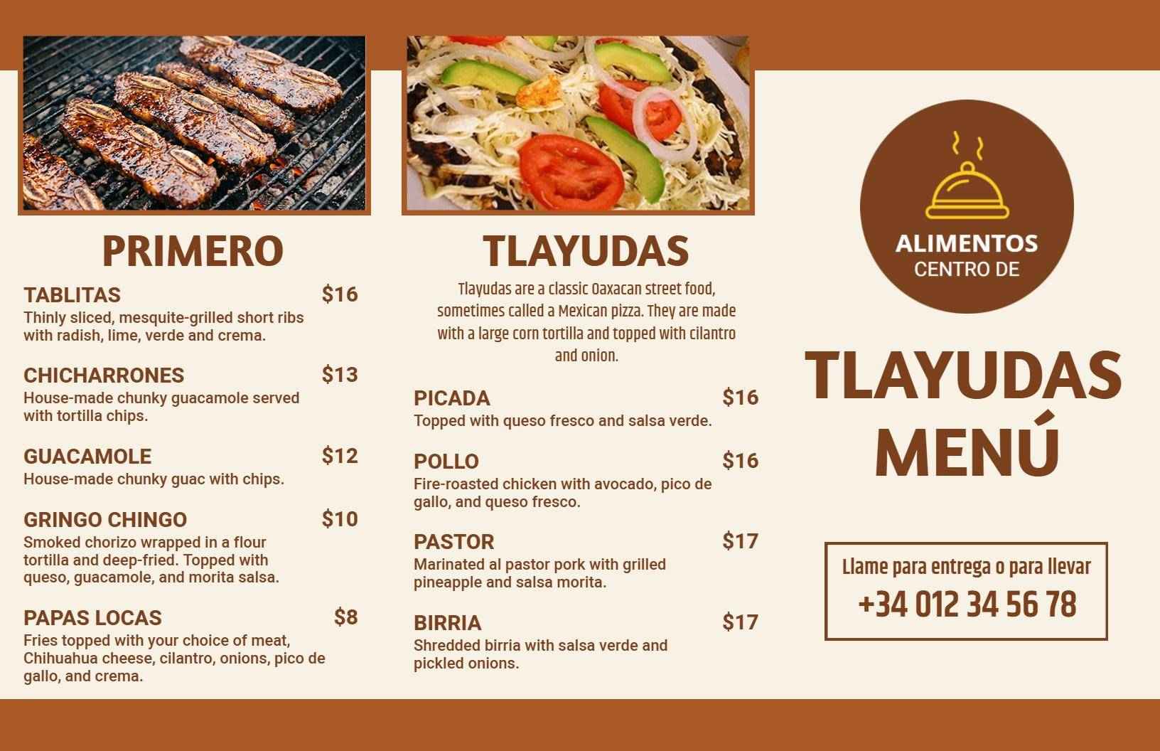 Classic Mexican Cuisine Featuring Tlayudas and Tacos Menu Template