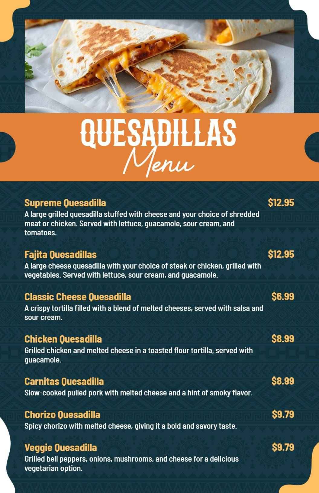 Classic Mexican Quesadilla Selection Menu Template