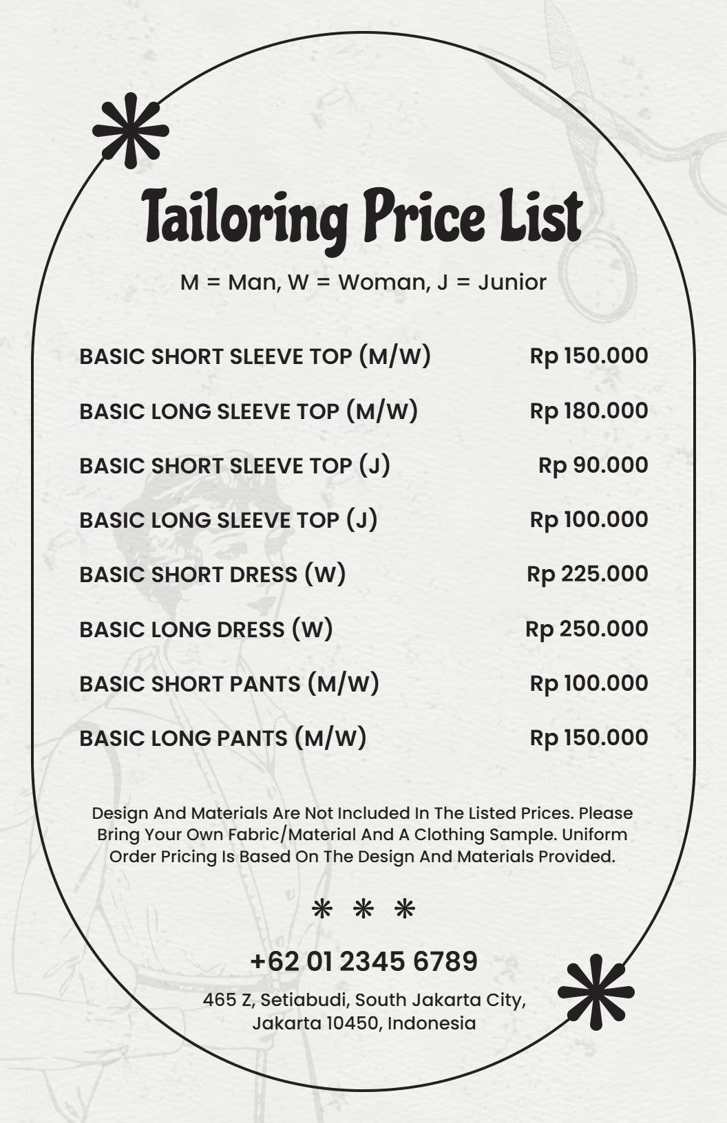 Classic Monochrome Tailoring Price List Template