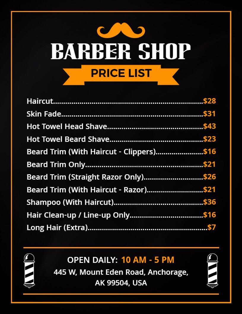 Classic Moustache Theme Barber Shop Price List Template