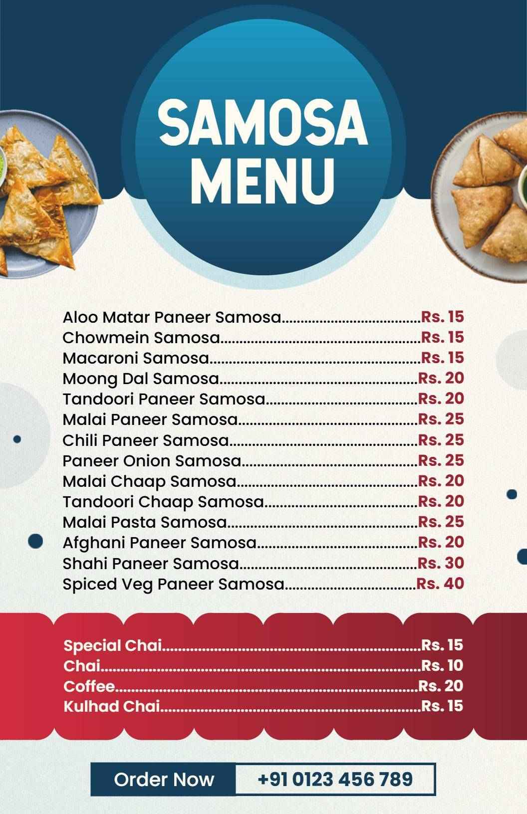 Classic Navy and Maroon Samosa Varieties Menu Template