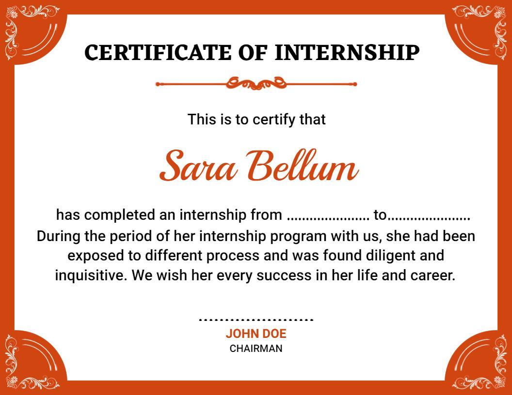 Classic Ornate Orange Design Internship Completion Certificate Template