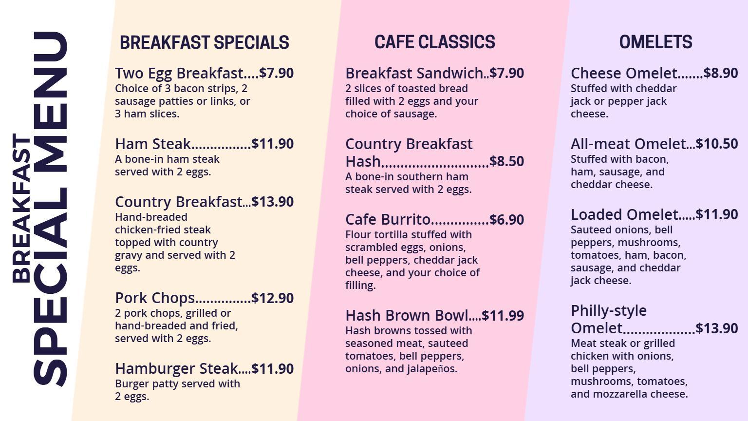 Classic Pastel Themed Breakfast Specials Menu Template