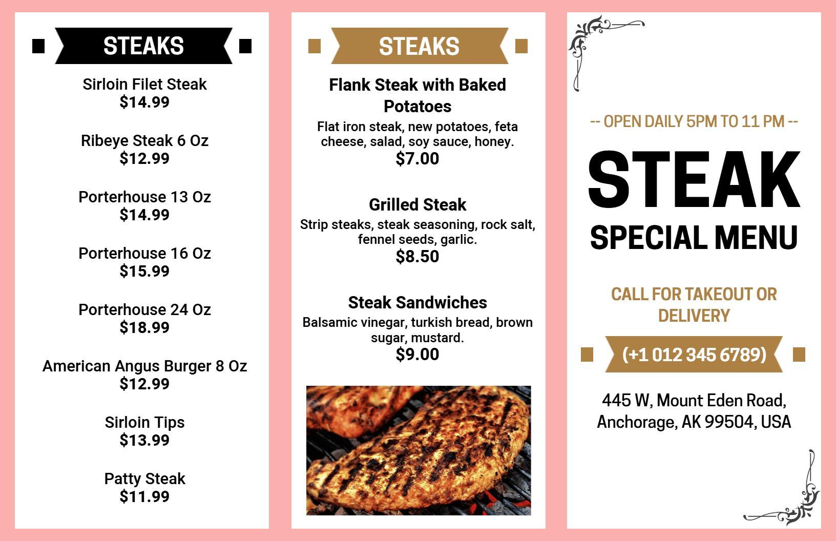 Classic Pink and Black Steakhouse Special Menu Template