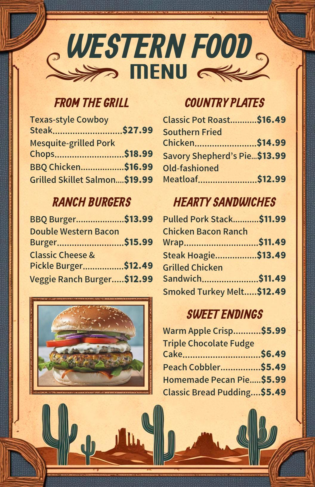 Classic Pot Roast and Sweet Dessert Options Western Menu Template