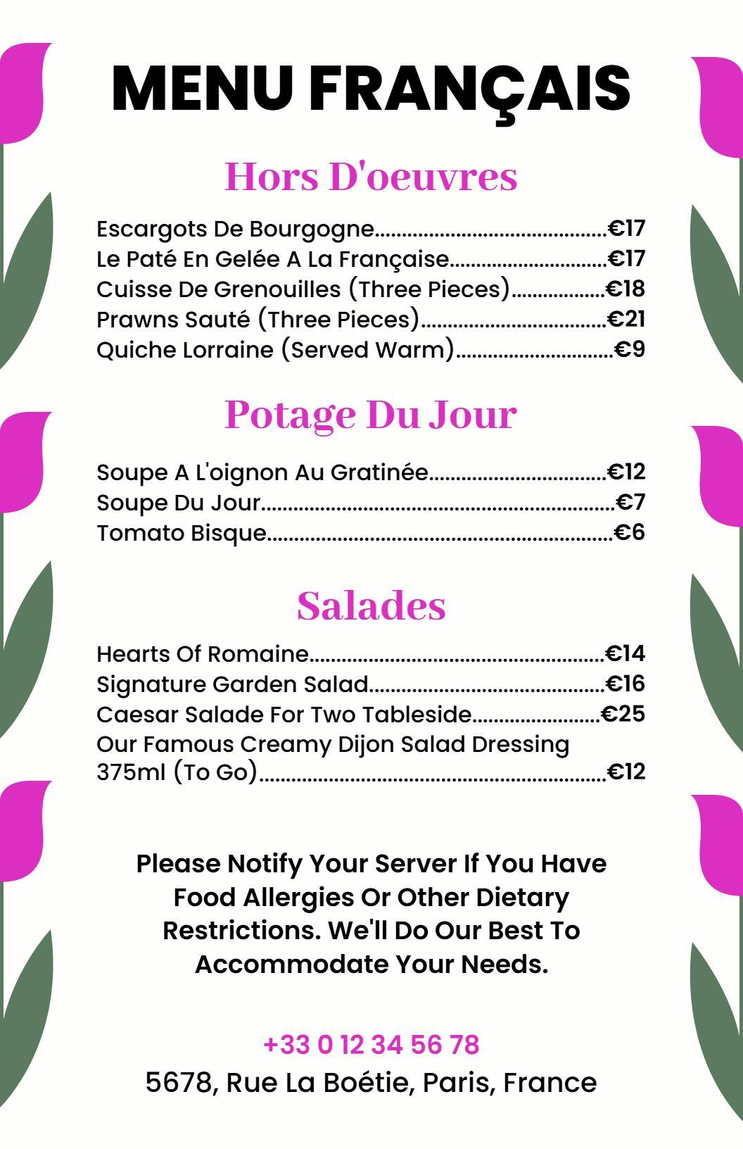 Classic Purple and White French Restaurant Menu Template