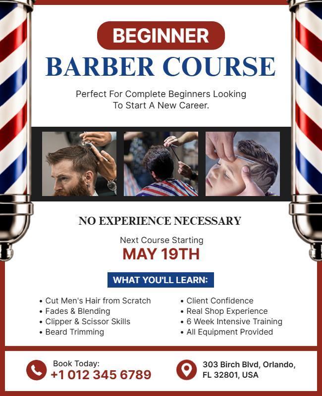 Classic Red and Blue Beginner Barber Course Poster Template