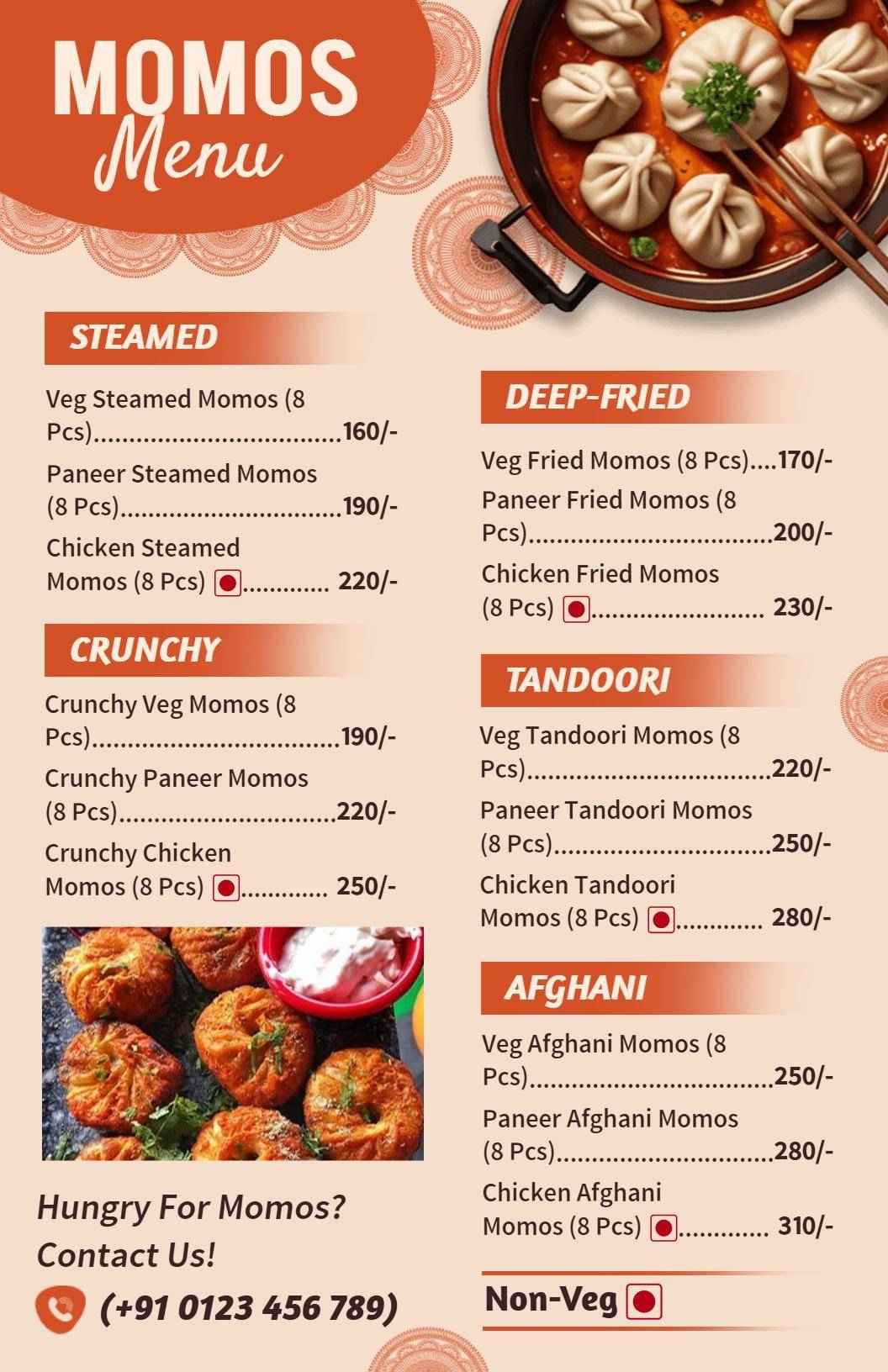 Classic Red Authentic Momos Cuisine with Variety Menu Template
