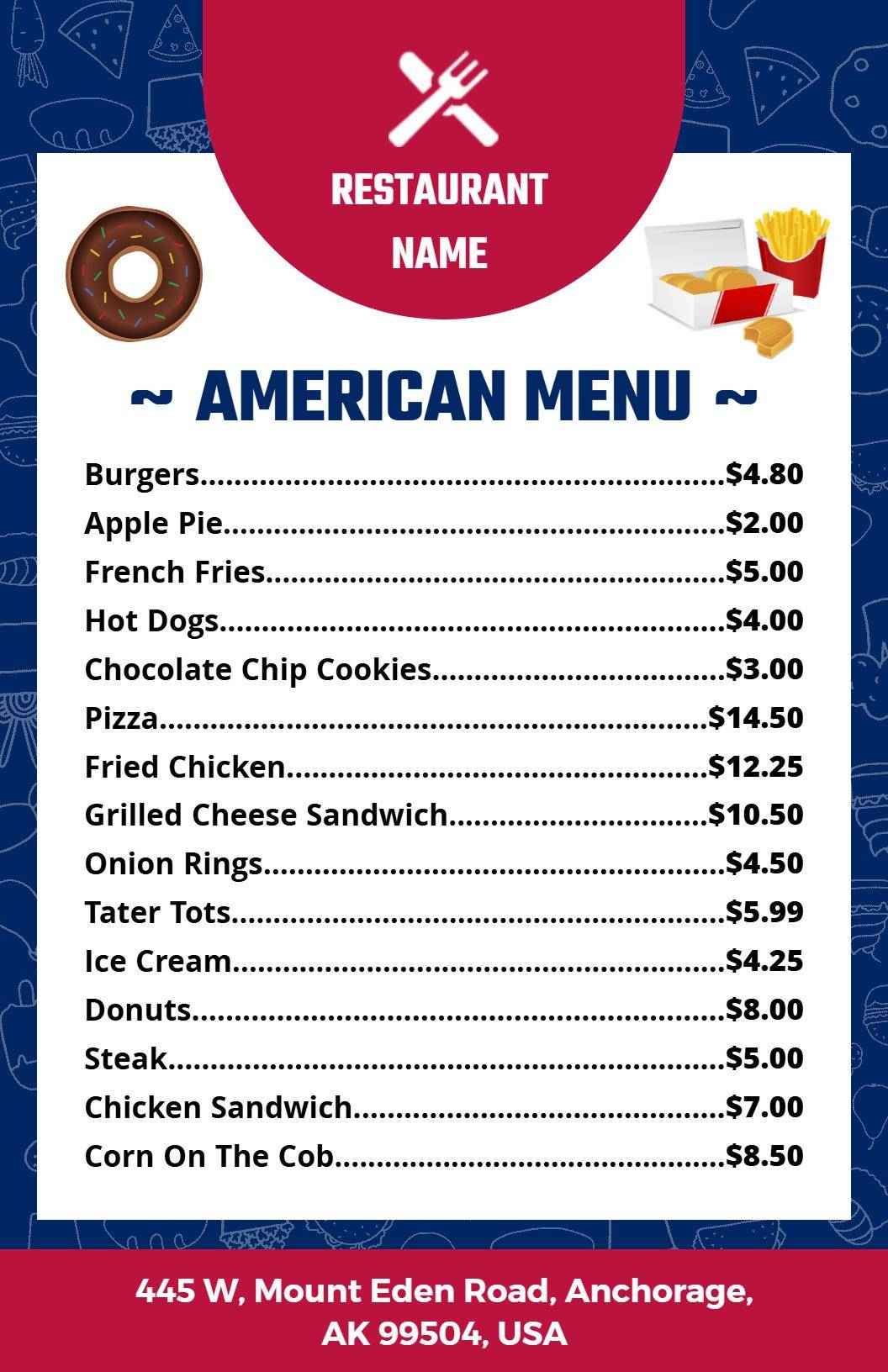 Classic Red Blue American Cuisine Restaurant Menu Template