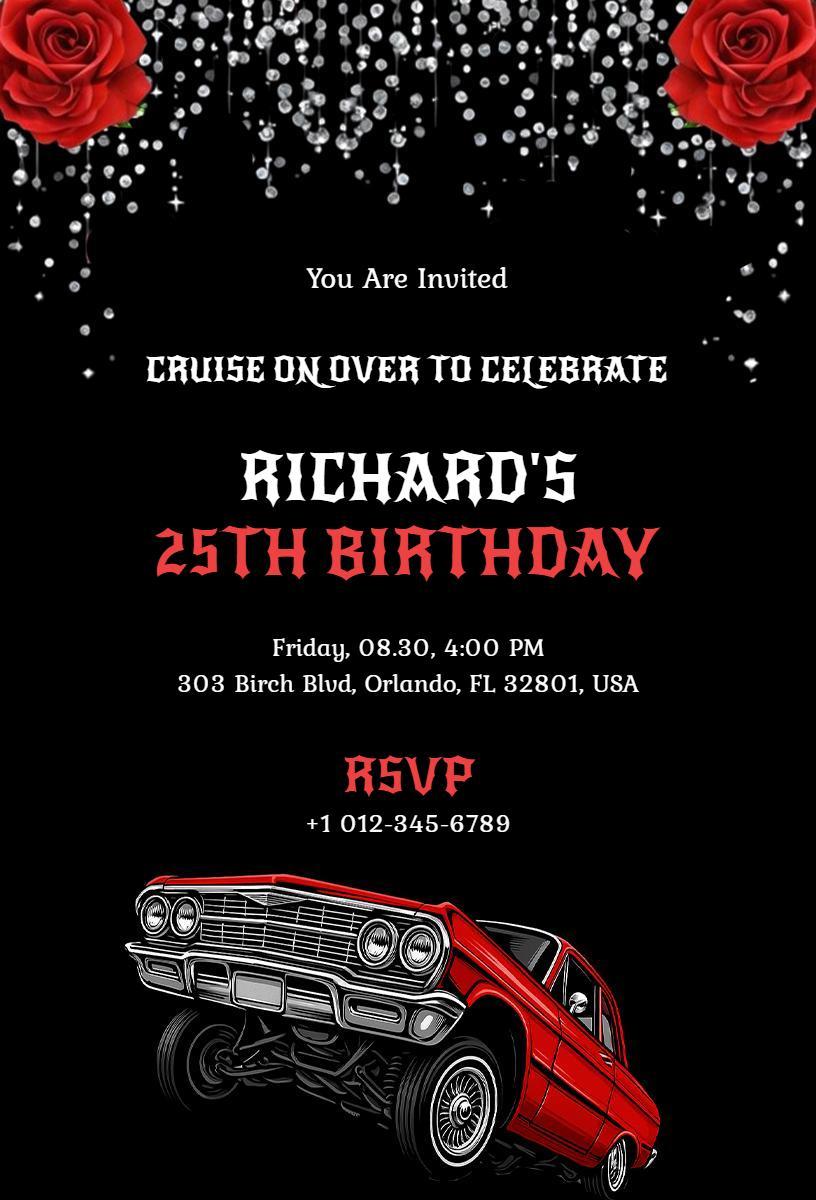 Classic Red Car Enthusiast 25th Birthday Celebration Invitation Template