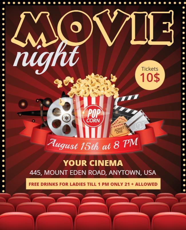 Classic Red Movie Night with Popcorn and Film Reel Flyer Template