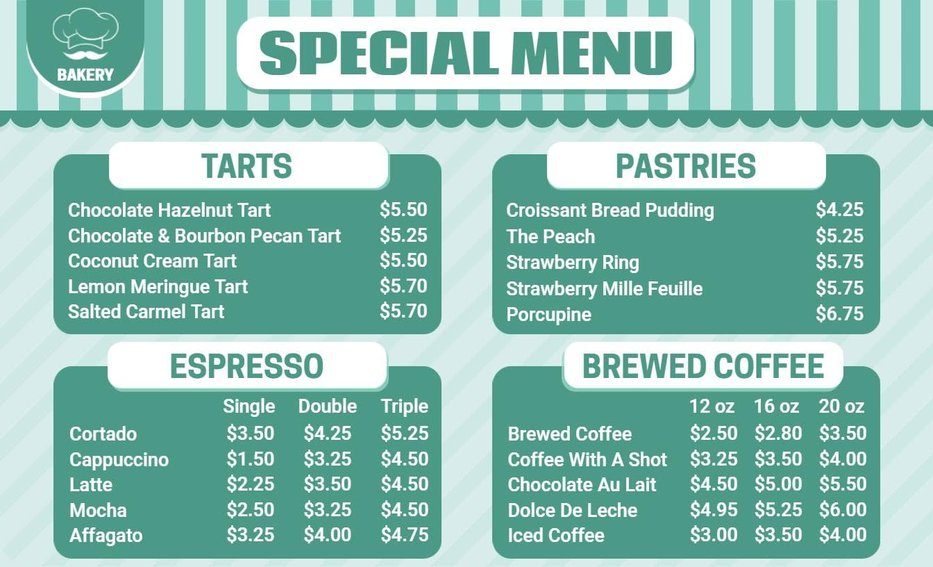Classic Tarts and Delicious Pastries Selection Bakery Menu Template