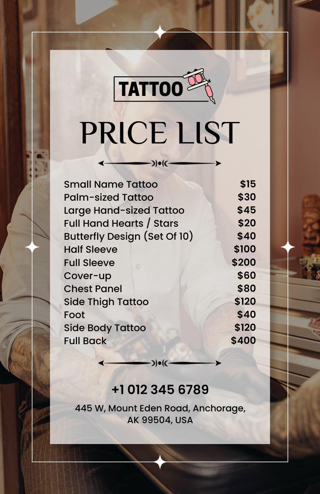 Classic Tattoo Services Price List Template