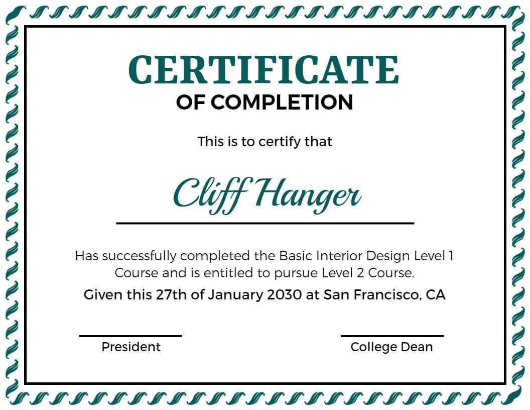 Classic Teal and White Basic Interior Design Completion Certificate Template