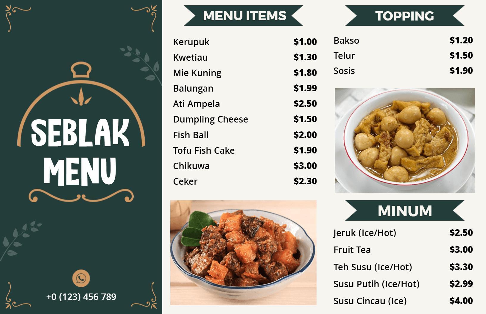 Classic White and Green Indonesian Seblak Menu Template