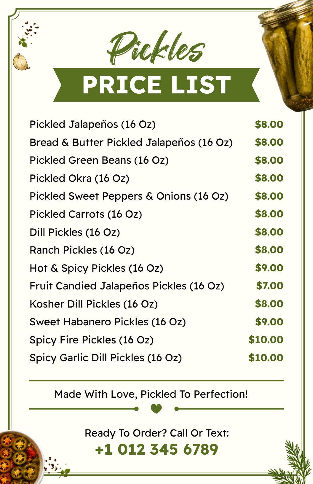 Classic White and Green Pickle Price List Template