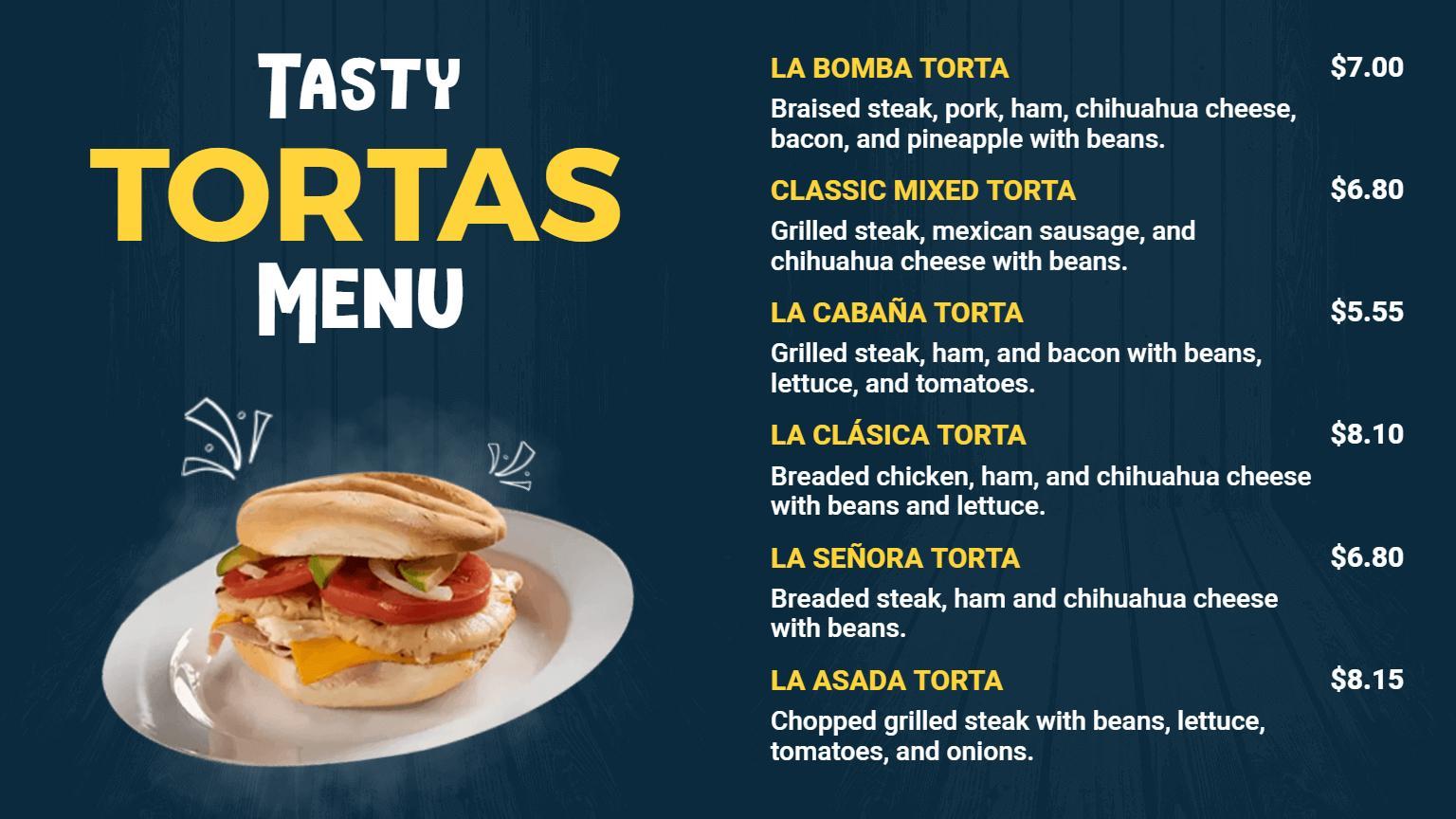 Classic Yellow and Blue Tasty Tortas Menu Template