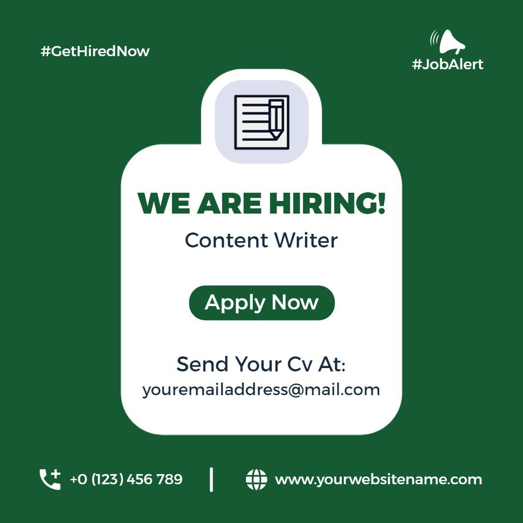 Clean Green Minimalist Job Hiring for Content Writer Ad Template