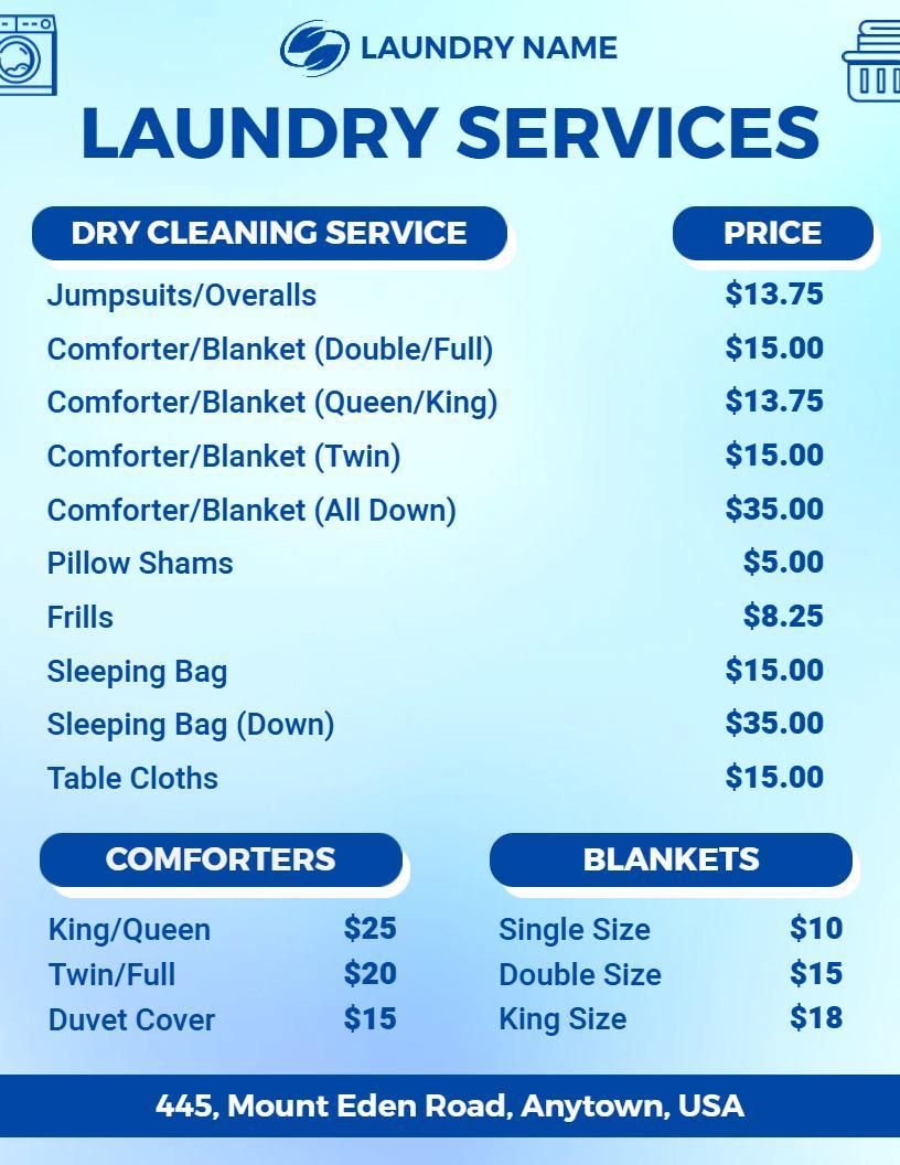 Clear Blue Themed Laundry and Dry Cleaning Menu Template