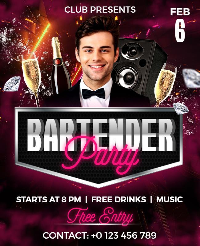 Club Bartender Party with Free Drinks Flyer Template