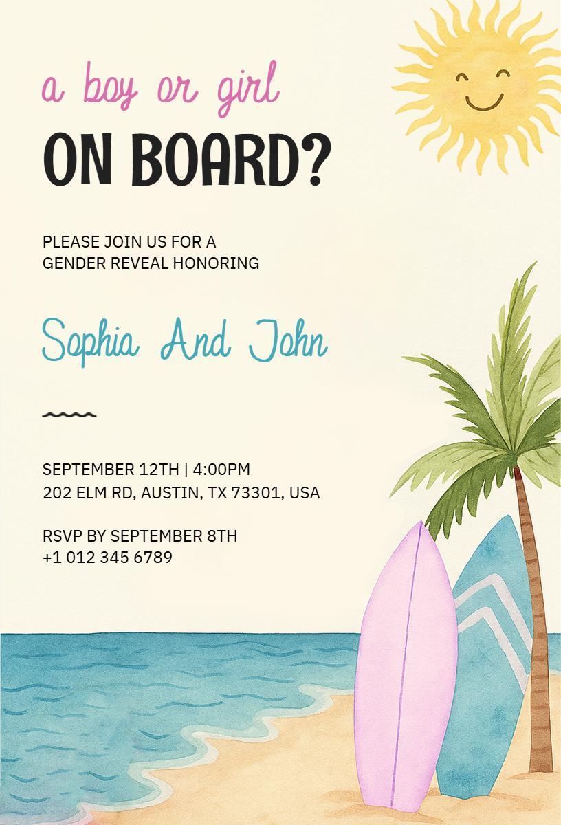 Coastal Surfboard Beach Gender Reveal Celebration Invitation Template