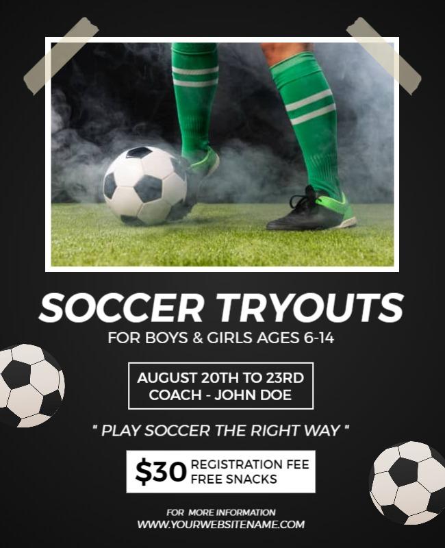 Bold Black Soccer Tryouts for Kids Ages 6-14 Flyer Template