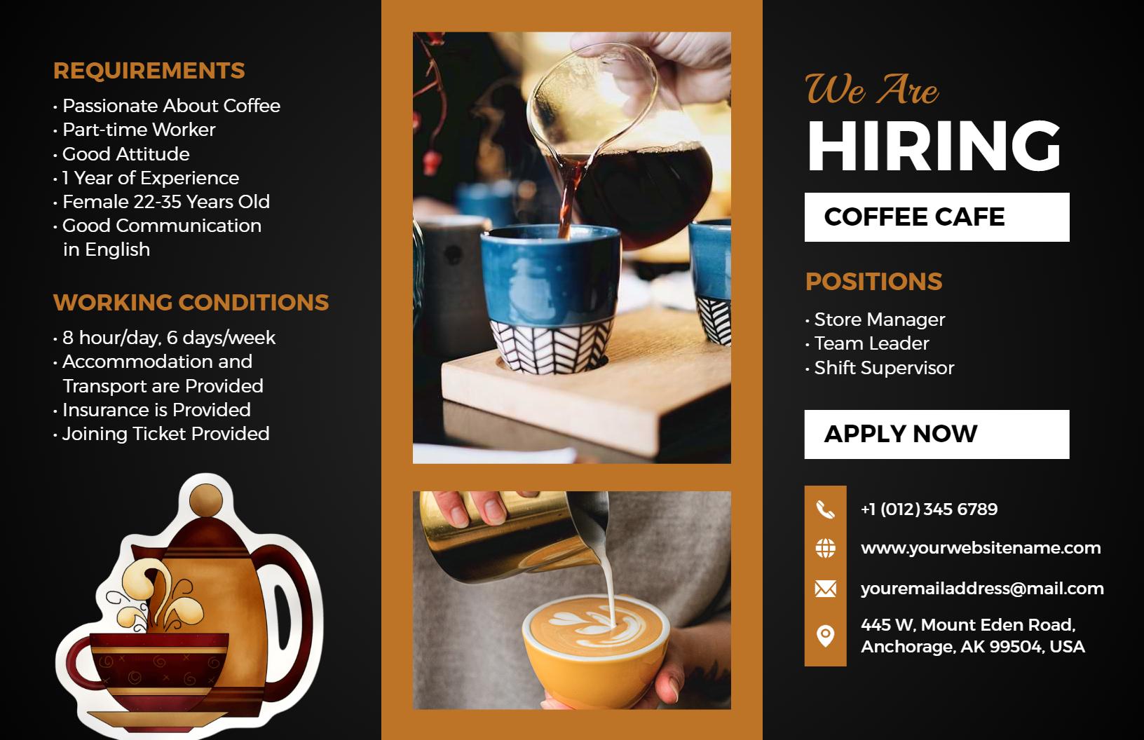 Coffee Cafe Hiring Part-Time Barista Team Leader Brochure Template