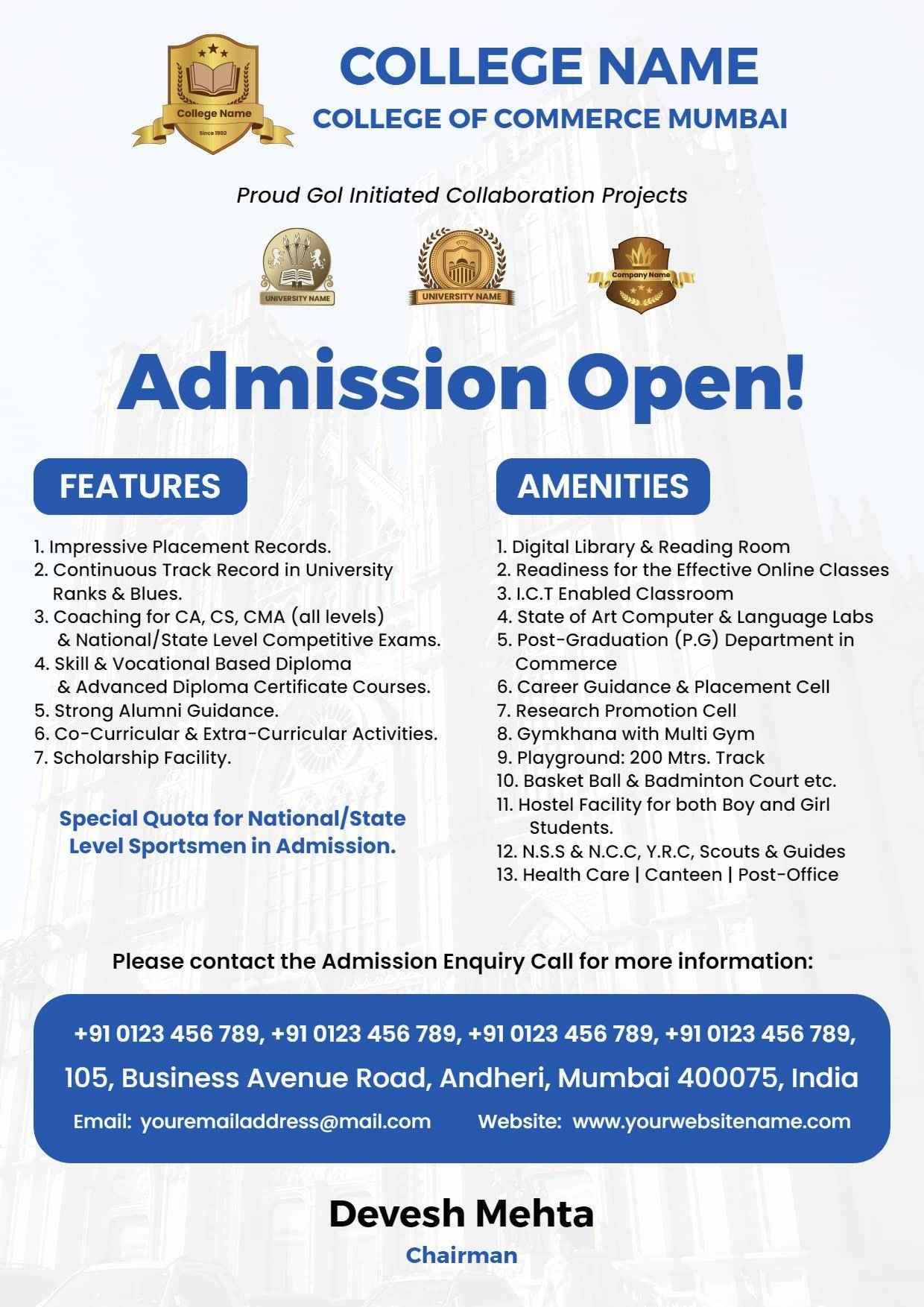 College Admission Open Announcement A4 Flyer Template