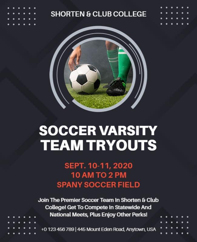 College Soccer Varsity Team Tryouts Flyer Template