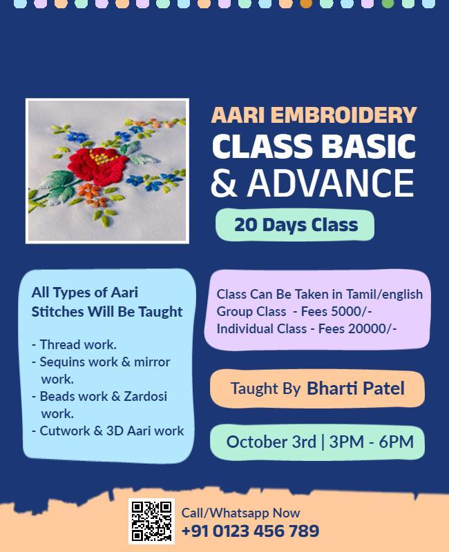 Colorful Aari Embroidery Basic and Advance Class Poster Template