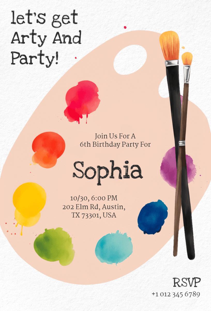 Colorful Artful 6th Birthday Paint Party Invitation Template
