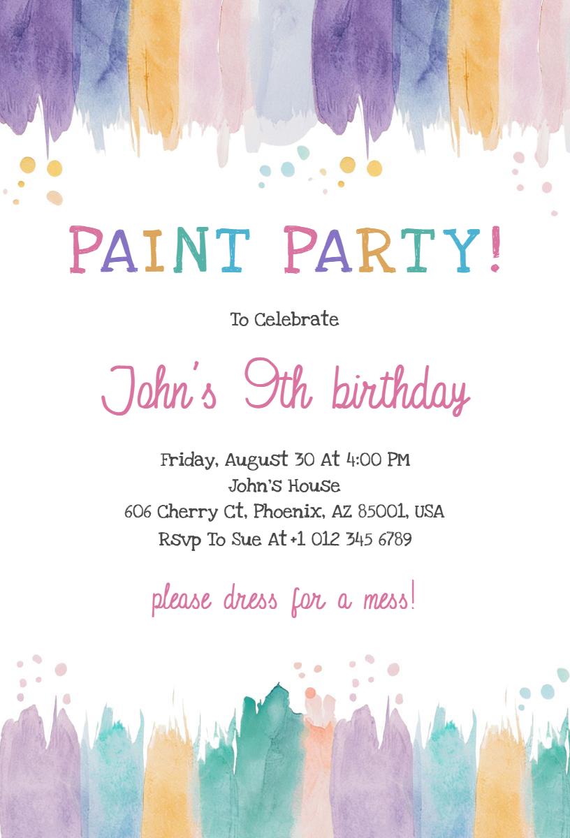 Colorful Artistic Paint Party Birthday Celebration Invitation Template