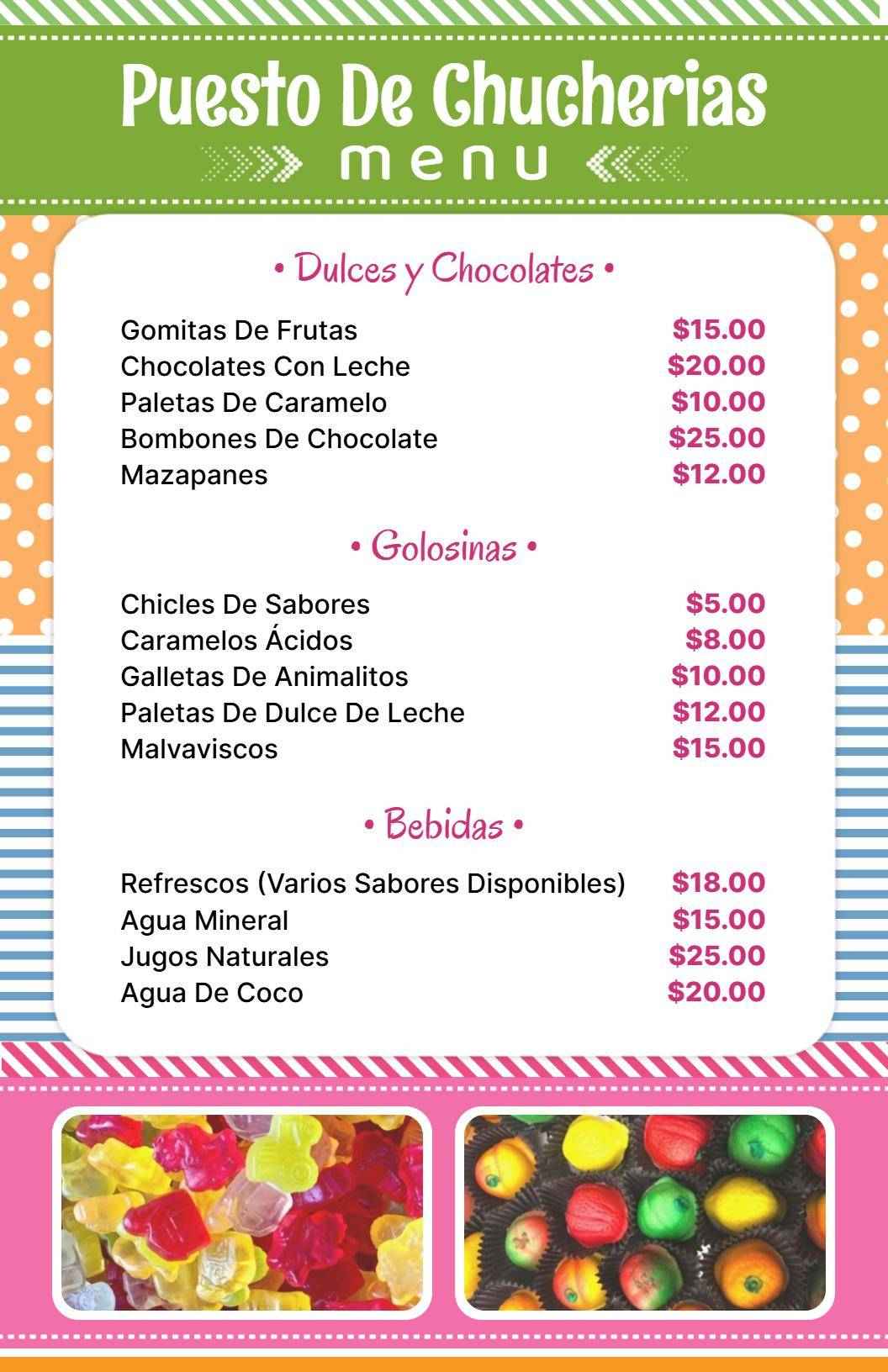 Colorful Assortment of Sweet Treats and Chocolates Candy Menu Template