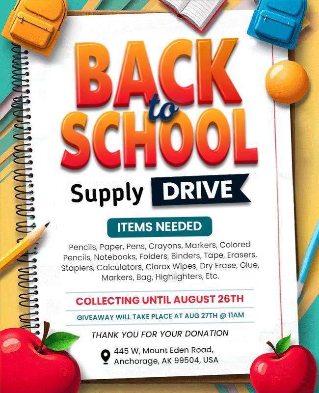 Colorful Back to School Supply Drive Donation Poster Template