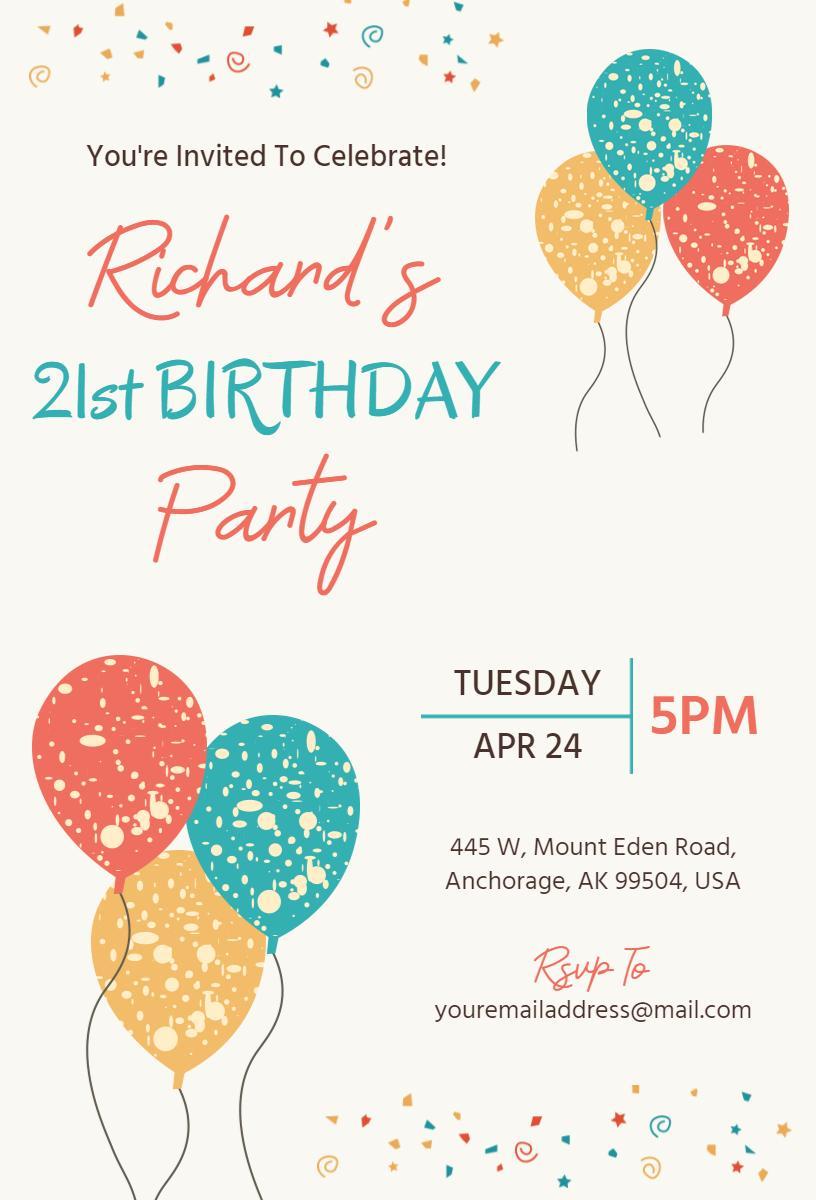 Colorful Balloon Celebration 21st Birthday Invitation Template