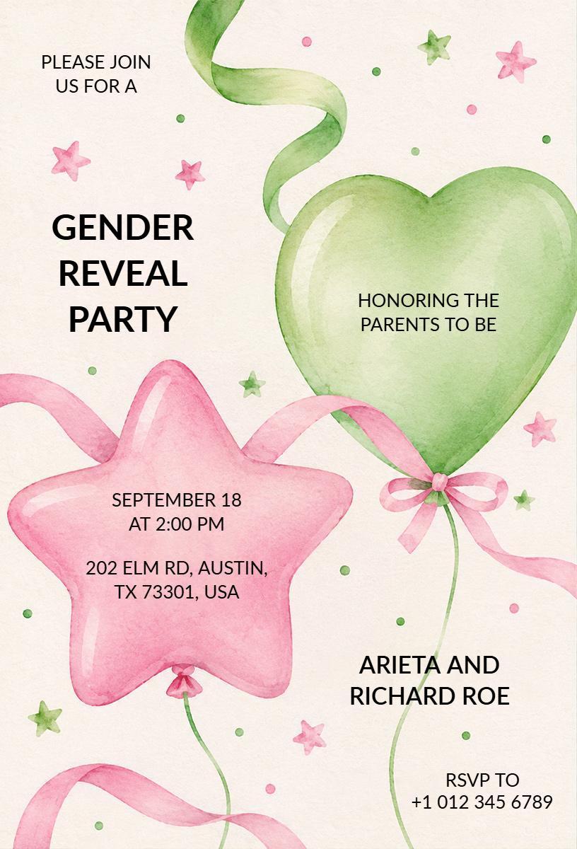 Colorful Balloon Gender Reveal Party Invitation Template