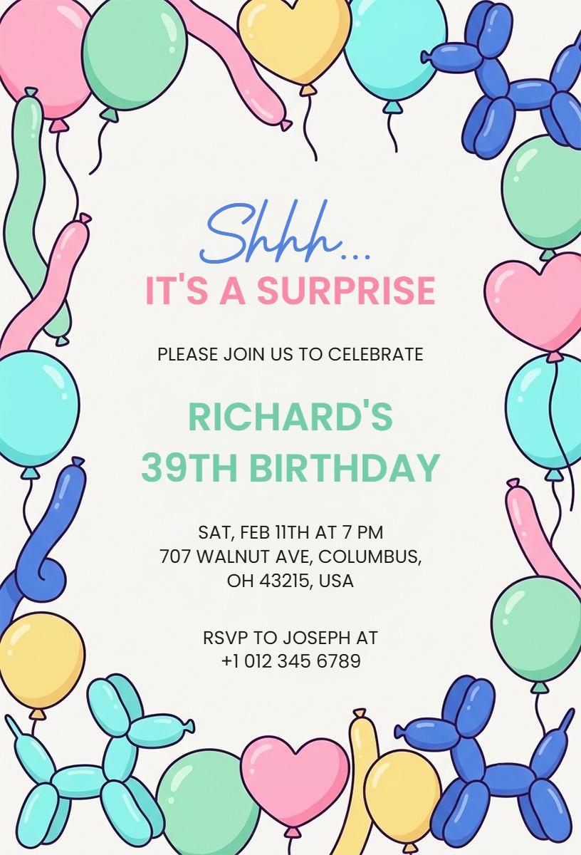 Colorful Balloon Surprise Birthday Party Invitation Template