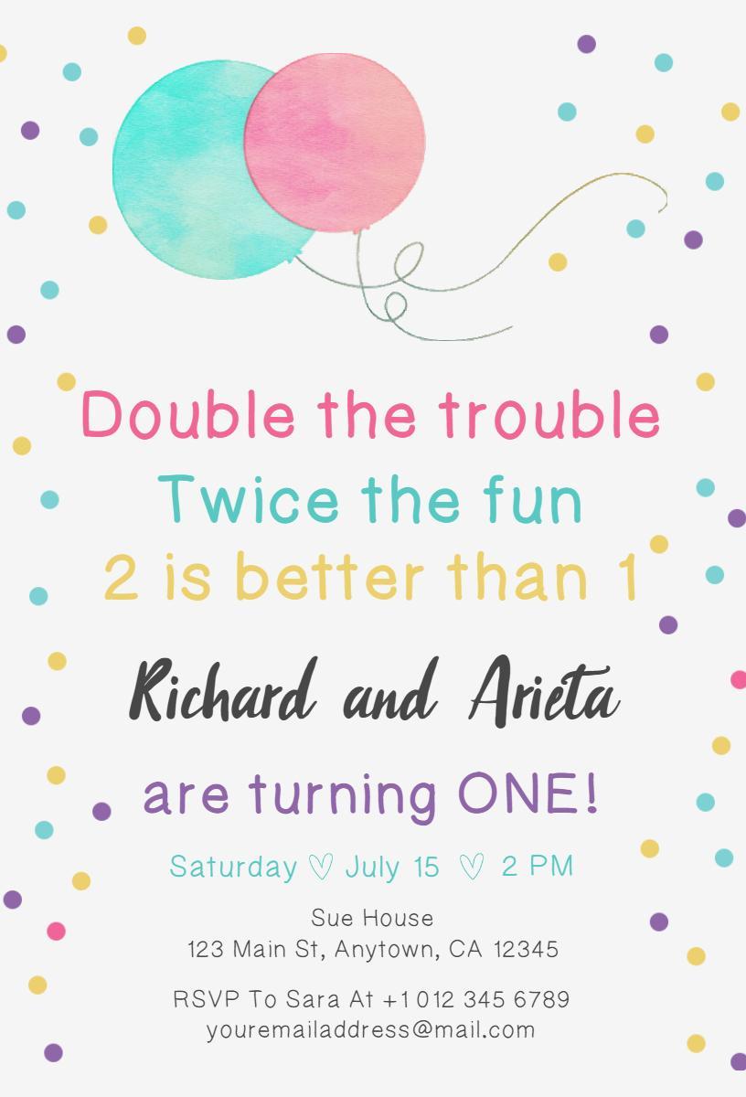 Colorful Balloon Twin First Birthday Celebration Invitation Template