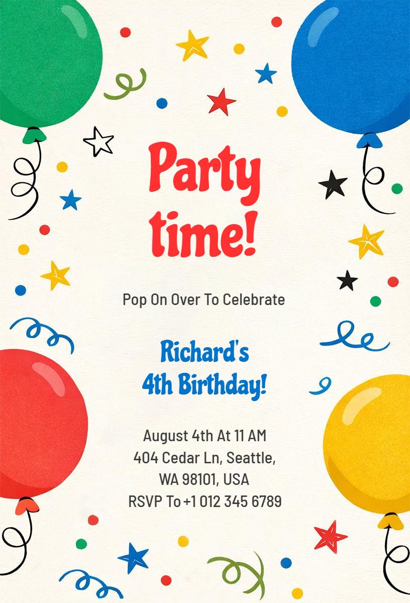 Colorful Balloons Fun 4th Birthday Celebration Invitation Template