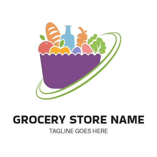 Colorful Basket with Fresh Produce for Grocery Store Logo Template