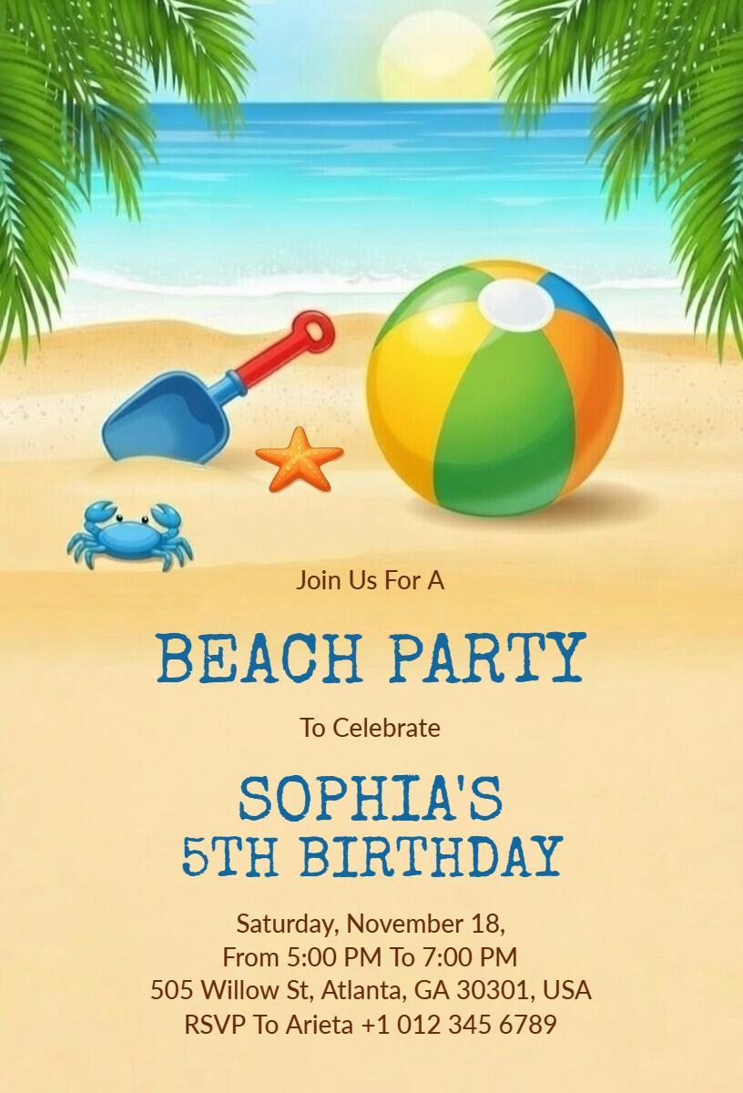 Colorful Beach Party Celebration for Kids Birthday Invitation Template