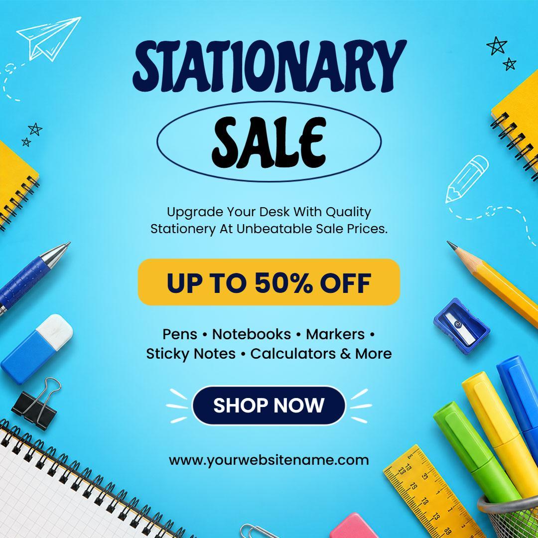Colorful Blue Stationary Sale Promotional Ad Template