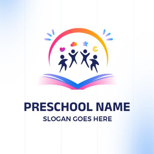 Colorful Book and Happy Kids Embracing Learning Preschool Logo Template