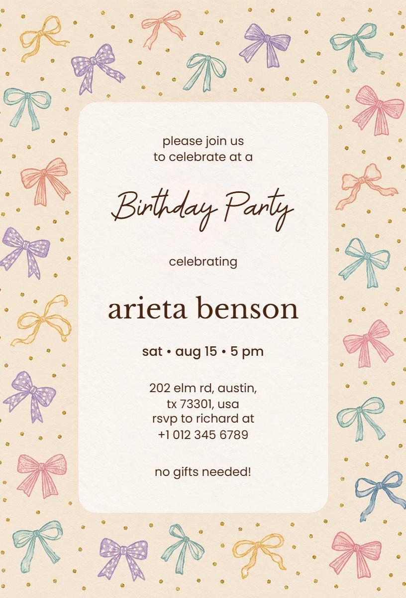 Colorful Bow Theme Birthday Celebration Invitation Template