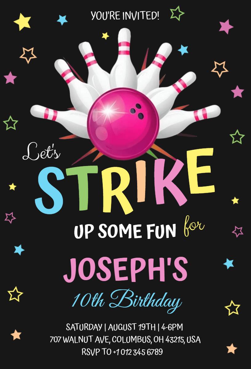 Colorful Bowling Theme 10th Birthday Celebration Invitation Template