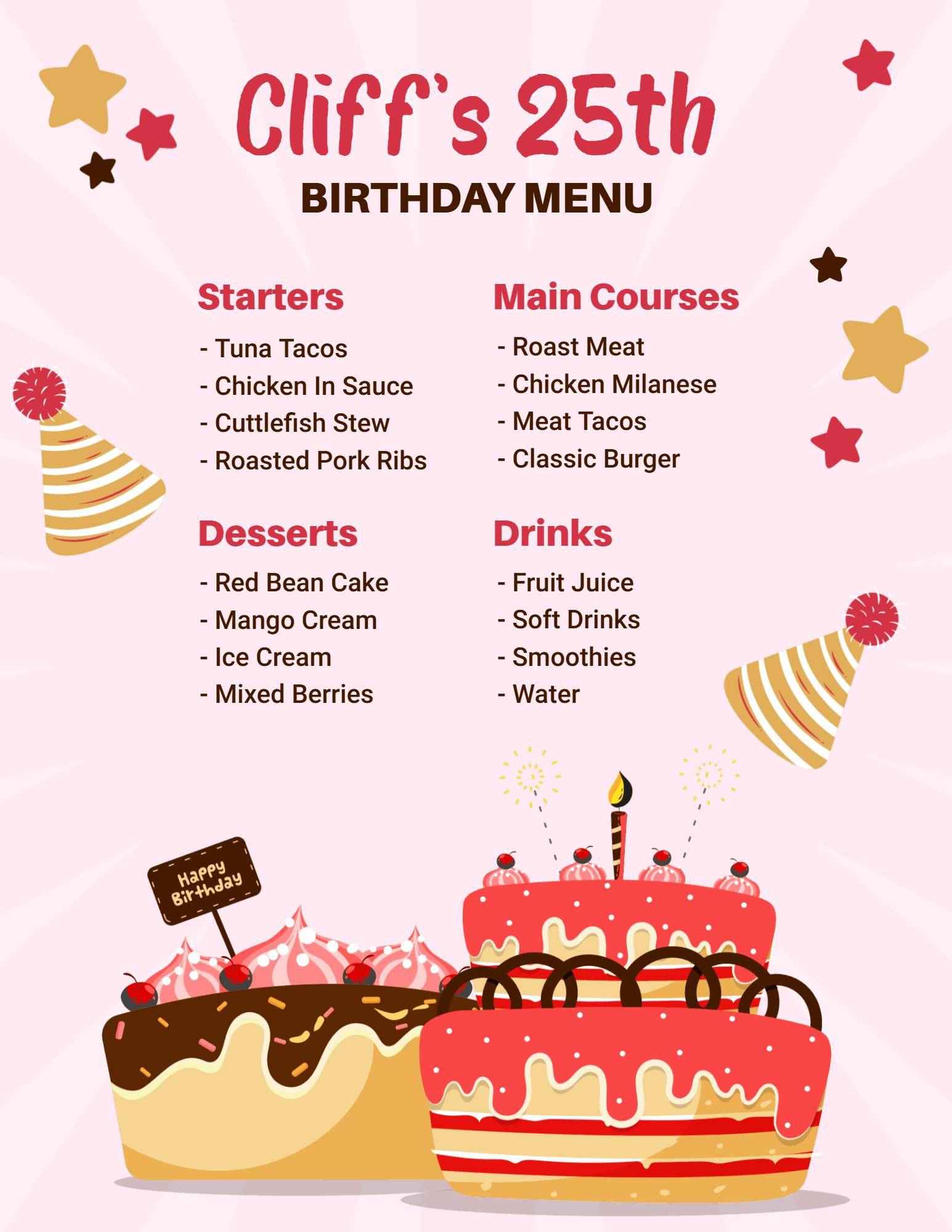 Colorful Cake Decor for Birthday Celebration Menu Template