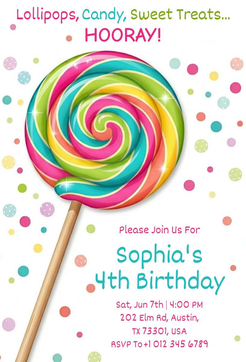 Colorful Candy Lollipop 4th Birthday Celebration Invitation Template